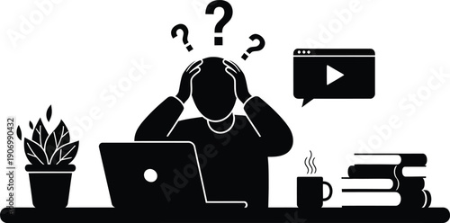 Frustrated person struggling with online content on laptop