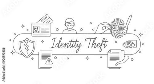 Identity theft concept vector illustration, icons and symbols for security, privacy, and fraud prevention, for website or presentation background