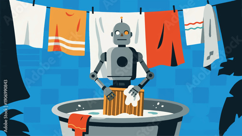 Illustration Of A Robot Faces Forward While Scrubbing Clothes On A Wooden Washboard In A Metal Basin Vector Design Template