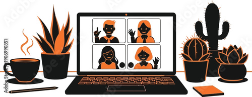 Remote team members connect on laptop with plants and coffee