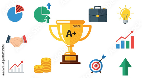 A collection of business and success icons surrounding a golden A+ grade trophy, symbolizing achievement and growth.