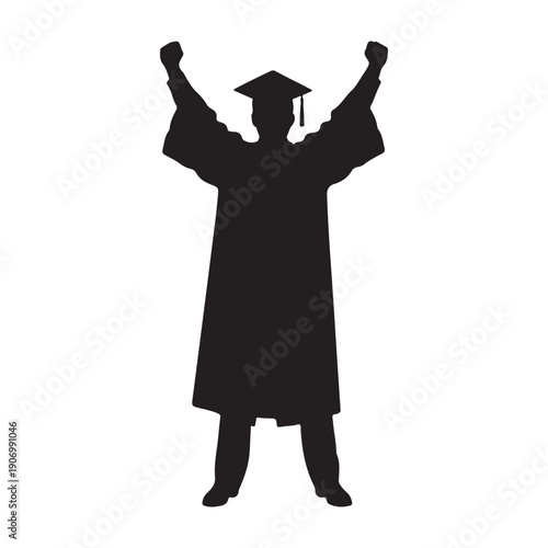 Graduate celebrating academic success with raised arms in cap and gown icon design graphic drawing isolated a vector black shilhoutte illustration