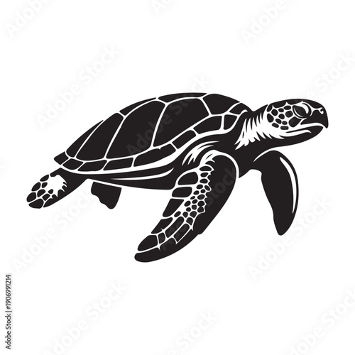 Majestic sea turtle swimming through ocean waters with powerful flippers icon design graphic drawing isolated a vector black shilhoutte illustration