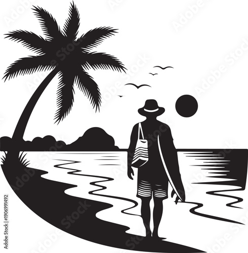 A silhouette of a person walking along a beach with a palm tree and sunset