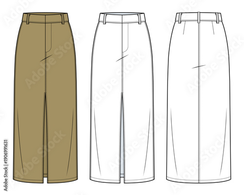 High-Waisted Tailored Midi Pencil Skirt Technical Fashion Illustration. Minimal Structured Silhouette with Front Slit. Modern Corporate Workwear CAD Vector Template. Front and Back View.