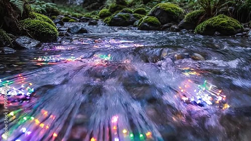 Magical bioluminescent lights flowing through a crystal clear forest stream at twilight.