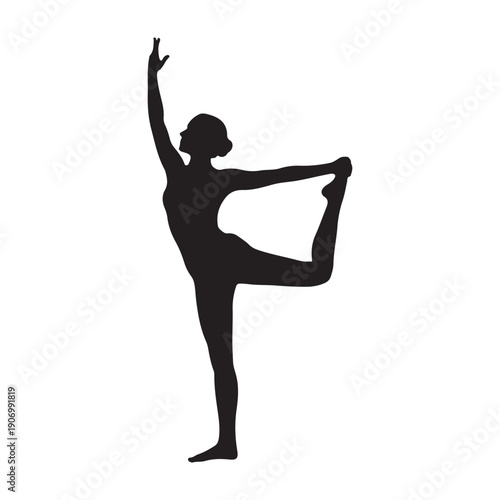 Black silhouette of woman in yoga pose, or Dancer's Pose, isolated on transparent background, 