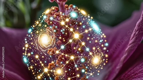 A macro close-up of a flower stamen transforming into a sparkling galaxy of stars and light.
