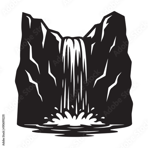 Stunning waterfall cascading down rocky cliffs icon design graphic drawing isolated a vector black shilhoutte illustration