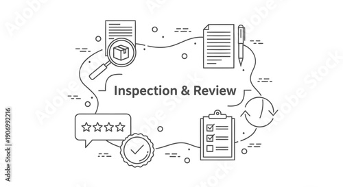 Vector inspection and review workflow icons, checklist, magnifying glass, stars rating, for quality control or audit process, isolated on transparent background, png