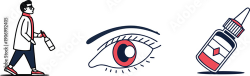 Eye care and ophthalmology illustration set with person walking eye and medicated eye drops bottle