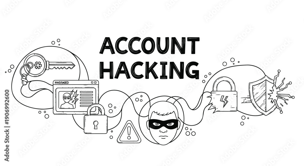 Naklejka premium Vector illustration of account hacking concept with mask, lock, key, and warning signs, for website or presentation, Isolated on transparent background, png
