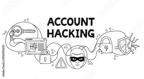 Vector illustration of account hacking concept with mask, lock, key, and warning signs, for website or presentation, Isolated on transparent background, png