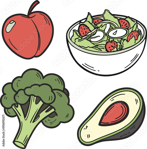 Healthy food illustration set with apple salad bowl broccoli and avocado for balanced diet and nutrition