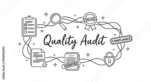 Quality audit vector illustration with checklist, magnifying glass, verified badge, and compliance seal, for presentation or website, Isolated on transparent background, png