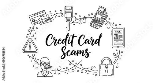 Credit card scam warning icons, security symbols and fraud alert text, vector illustration for banner or poster, isolated on transparent background, png