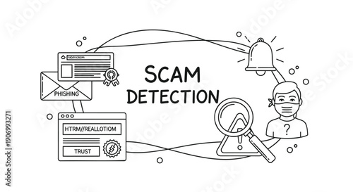 Scam detection concept with warning bell, magnifying glass, and computer icons, for website or presentation, vector illustration