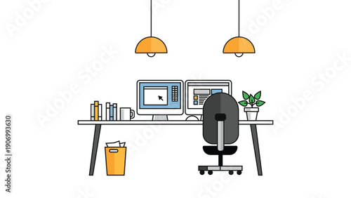 Modern home office setup with dual monitors and desk chair