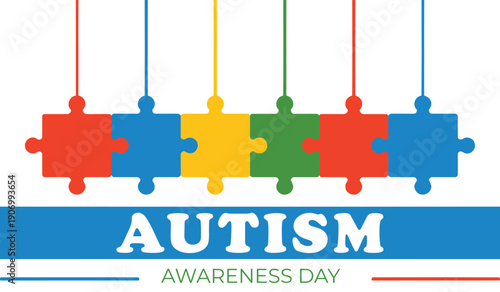 World Autism Awareness Day poster with colorful hanging jigsaw puzzle pieces flat vector