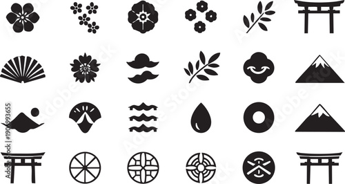 Japanese traditional icon set (Flower, Nature, Food, pattern, etc