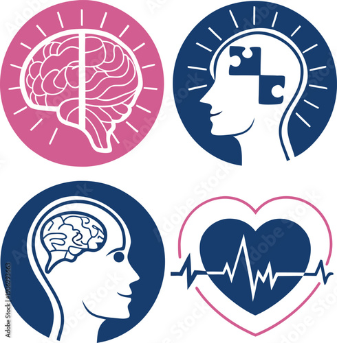 Mental health and psychology icons set featuring brain thinking head with puzzle pieces and heart with pulse in circle frames