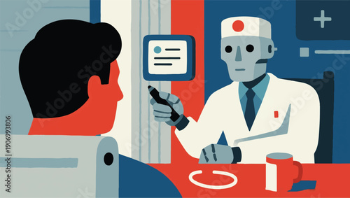 Illustration Of A Robot Doctor Interrogates A Male Patient Vector Design Template