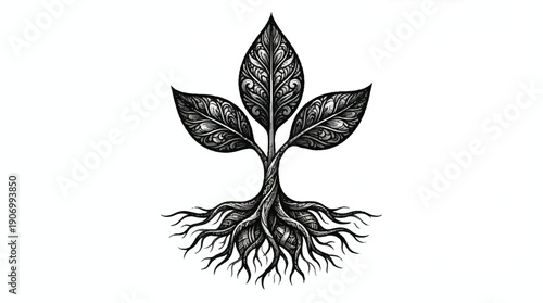 black and white drawing of plant with roots and leaves on transparent background