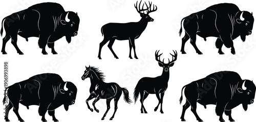 Wild bison buffalo deer and elk silhouette collection with running horse poses, north american wildlife vector illustration set isolated on white background