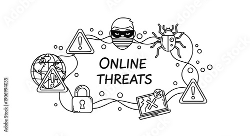 Vector illustration of online threats, cybersecurity concept with hacker, warning signs, and lock icons, for website or presentation background