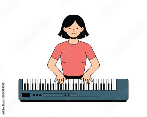 A person plays a digital keyboard, enjoying a musical activity.