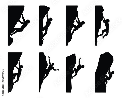 Multiple silhouettes of rock climbers scaling a cliff face.