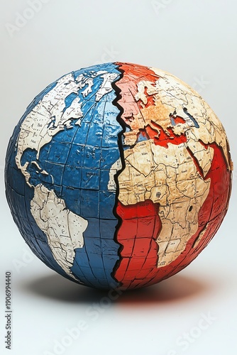 A globe divided into blue and red, symbolizing geopolitical tension