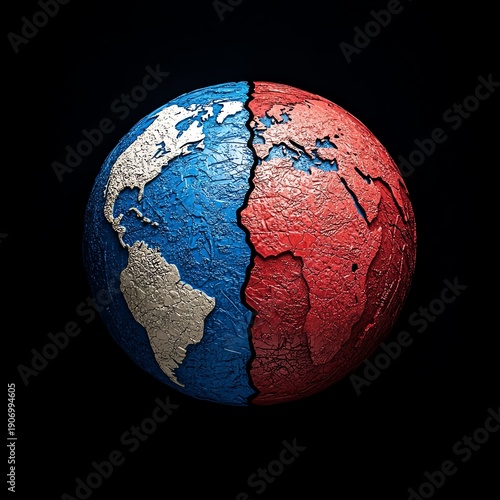 A globe divided into blue and red, symbolizing geopolitical tension
