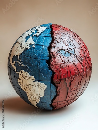 A globe divided into blue and red, symbolizing geopolitical tension