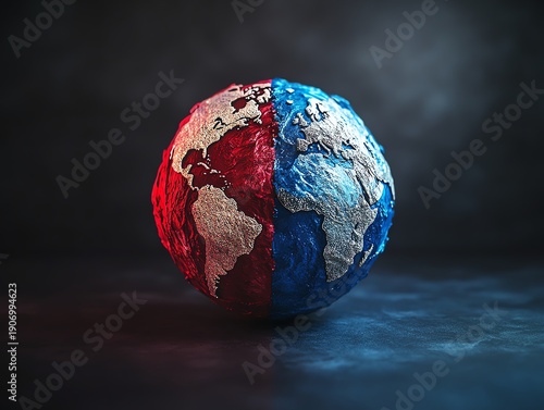 A globe divided into blue and red, symbolizing geopolitical tension