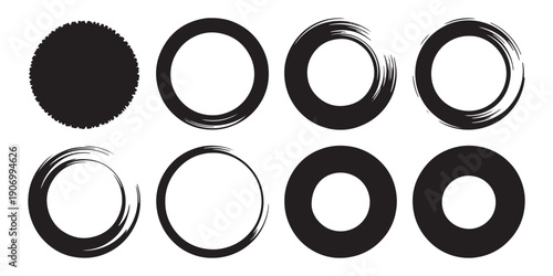 Vector set of black hand-painted grunge circles, collection of thick textured rings and distressed round borders for modern logo design.