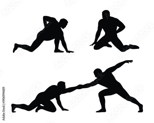 Silhouettes of men stretching and assisting each other in various poses.