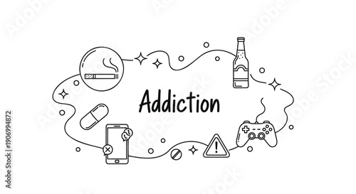 Addiction awareness line icon illustration with symbols for social media, presentation, or website overlay effect
