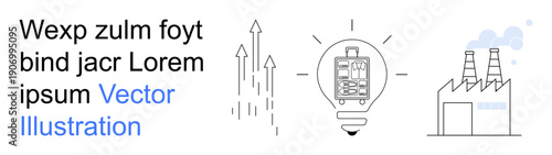 Business development, technology innovation, industrial manufacturing, energy production, growth strategy, creative solutions. Light bulb with circuit, arrows and factory. Technology and industrial