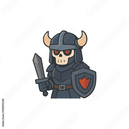 Skeleton dark knight character illustration. Armored undead warrior cartoon. Evil skeleton fighter fantasy design.