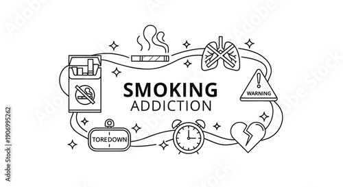 Smoking addiction line icon set with cigarette pack, lungs, heart, clock, and warning signs, for health awareness campaign or medical website, isolated on transparent background, png