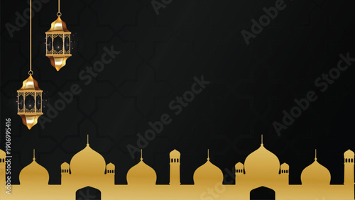 Elegant Islamic Festival Background with Golden Mosques and Lanterns