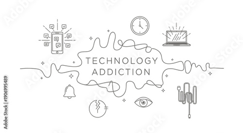 Vector illustration of technology addiction concept with digital icons and symbols, for website or presentation background