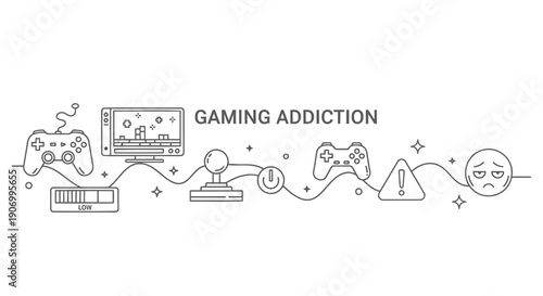 Gaming addiction concept illustration, line art style, with video game controller, computer, and warning signs, for website, banner or presentation