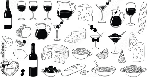 Hand drawn wine and cheese vector set with wine bottles, glasses, appetizers, olives, bread, pasta, and Mediterranean food elements for restaurant menus