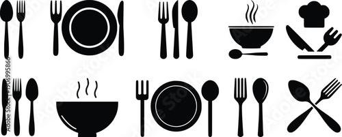 Cutlery and Tableware Icon Set, Fork Spoon Knife Plate and Bowl Silhouette Vector Collection for Restaurant and Food Design