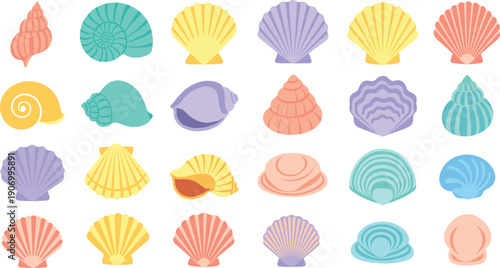 Colorful seashell icon set featuring ocean shells, beach elements, marine decorations, and summer coastal symbols in soft flat vector style