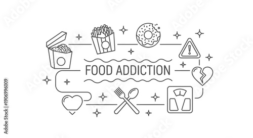 Vector food addiction illustration with icons, for banner or poster, isolated on transparent background, png