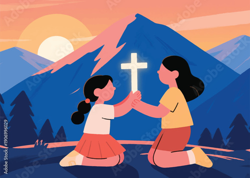Two Girls' Prayer of Hope on the Hill Illustrator Artwork Creative Design Template 