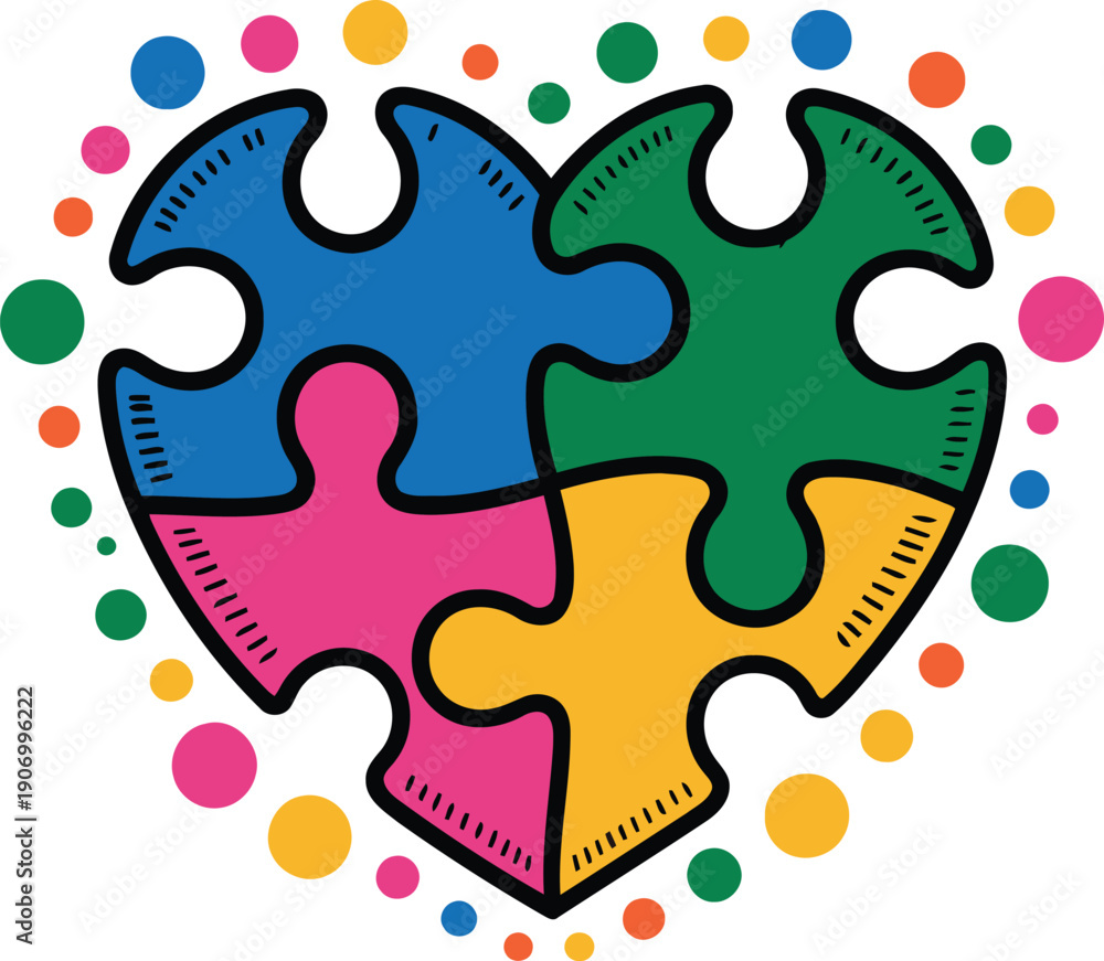 Obraz premium Autism awareness heart icon with colorful jigsaw puzzle pieces and polka dot border vector